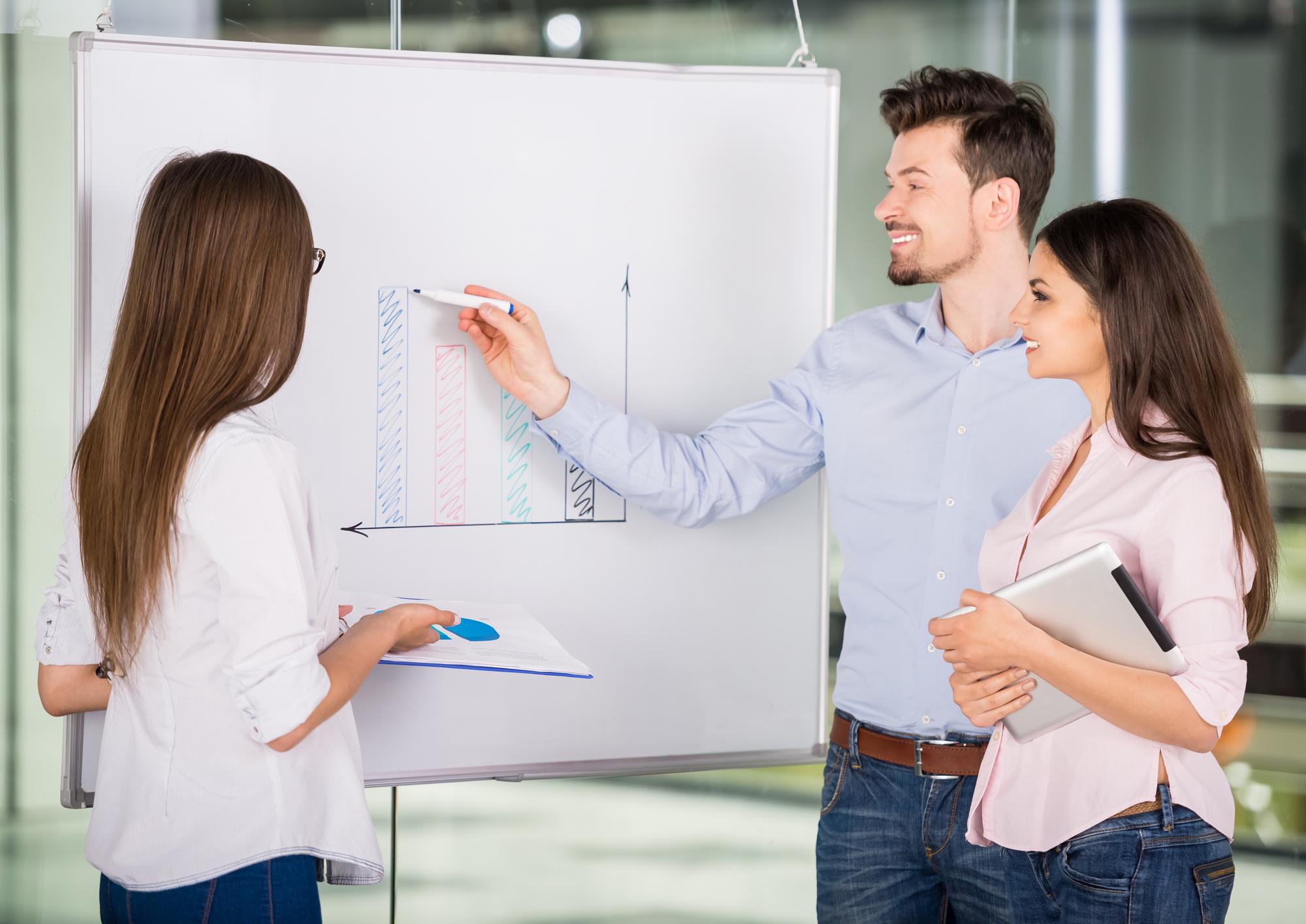 Workshop-Teilnehmer notieren Budgetziele auf Flipchart